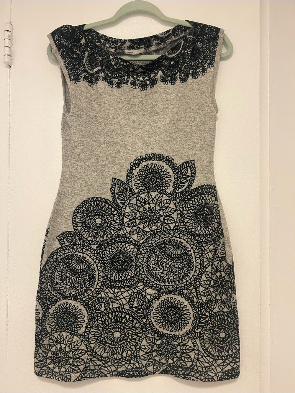 Sleeveless Gray Dress with Black Lace Motif